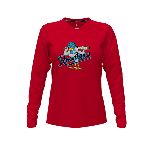 [CUS-DFW-TEES-CMF-VNK-LSL-RED-FYXS-LOGO1] Decker Comfort T-Shirt (Female Youth XS, Red, V Neck, Logo 1, Long Sleeve)